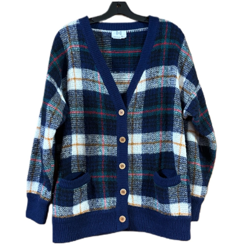 Vintage 80s 90s Grandpa Sweater Cardigan Plaid Higbee’s Size Small